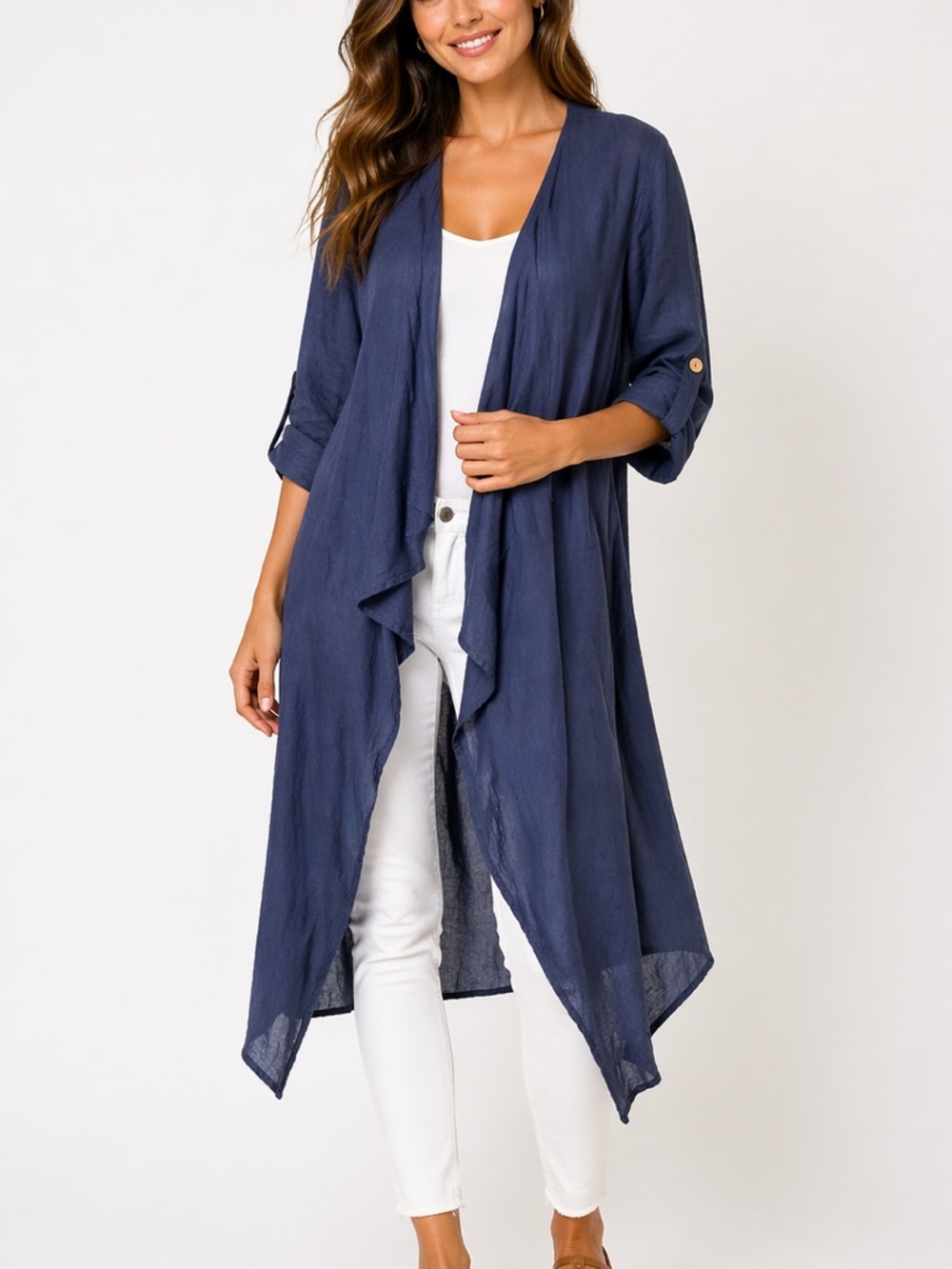 254. Italian 100% Linen Navy Open Front Cardigan